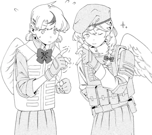 image of the characters koharu and kanna making a heart sign with their hands